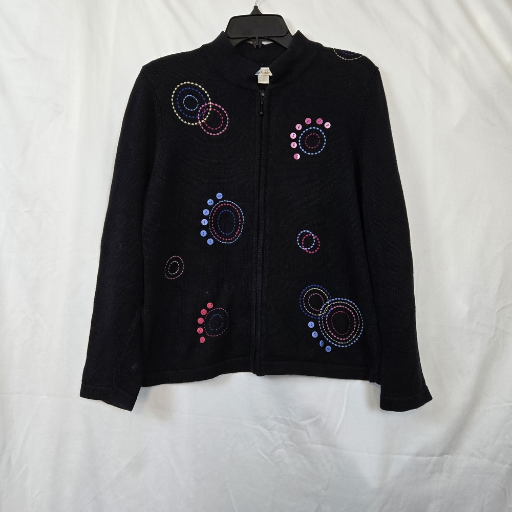 Christopher & Banks Women's Black Embroidered Zip Long Sleeve Cardigan M Vintage